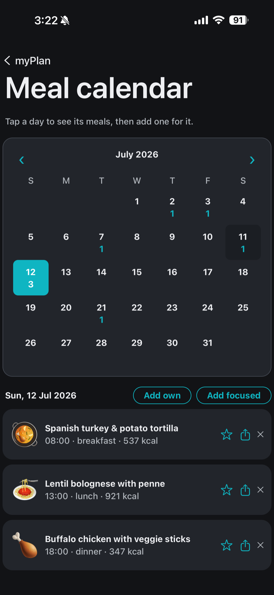 The myPlan meal calendar for July 2026 with the 12th selected, listing its three planned meals &mdash; breakfast, lunch and dinner &mdash; each with a time and calorie count.